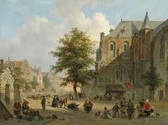 Hove B.J. van - Drukbevolkt marktplein in een hollands stadje, olieverf op paneel 42,2 x 56,7 cm, gesigneerd r.o. en gedateerd 1852
