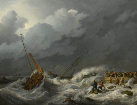 Nicolaas Baur - Averij bij het binnenlopen van een haven in een vliegende storm, olieverf op doek 97,2 x 123,3 cm, ca. 1810