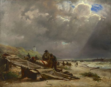 Willem van Deventer - Schipbreuk op het strand van Katwijk, olieverf op papier op schildersboard 46,3 x 59,6 cm , gesigneerd rechtsonder en gedateerd '44