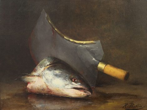 Hubert Bellis - Stilleven met vissenkop en hakmes, olieverf op doek 47,2 x 63,0 cm , gesigneerd rechtsonder