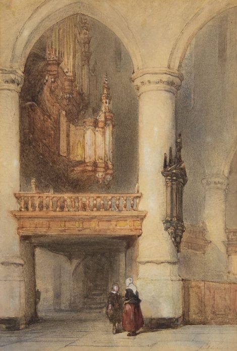 Johannes Bosboom - Interieur van de Oude Kerk in Delft, krijt en aquarel op papier 28,2 x 19,5 cm , gesigneerd rechtsonder en te dateren ca. 1855