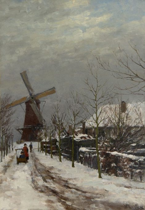 Jan Hillebrand Wijsmuller - Kinderen in de sneeuw bij een molen, olieverf op doek 57,3 x 41,0 cm cm, gesigneerd rechtsonder