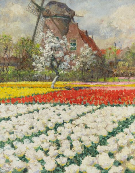 George Hitchcock - Double White Tulips, Egmond aan den Hoef, olieverf op doek 55,7 x 43,8 cm, gesigneerd linksonder