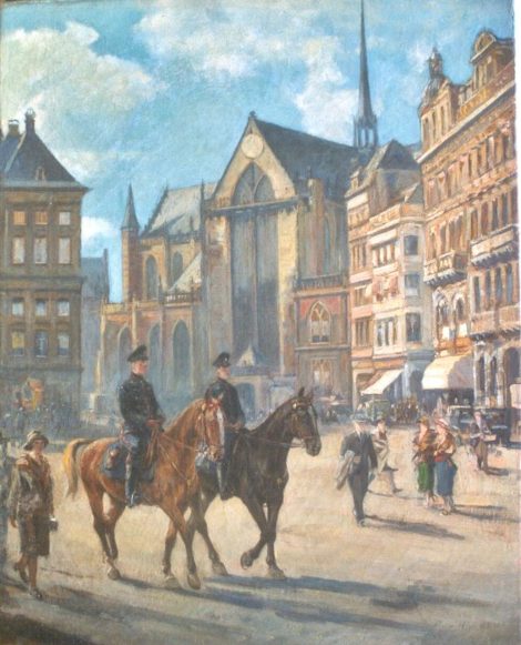 Dirk van Haaren - Op de Dam, Amsterdam, olieverf op doek 60,8 x 47,4 cm , gesigneerd rechtsonder