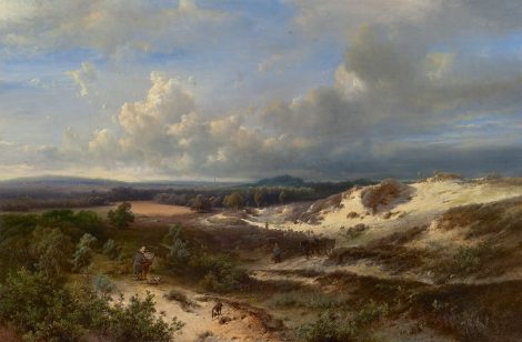 Pieter Kluyver - Schilder aan het werk in de duinen bij de zee (alle stoffage is door Cornelis Springer), olieverf op doek 56,5 x 84,5 cm, gesigneerd linksonder 'Kluyver' en rechtsonder 'C. Springer fig'