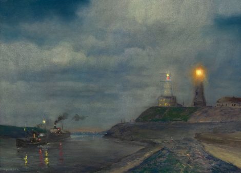 Herman Heijenbrock - Havenmond van IJmuiden in de avond met de vuurtoren en semafoor, pastel op papier 64,5 x 86,5 cm, gesigneerd linksonder