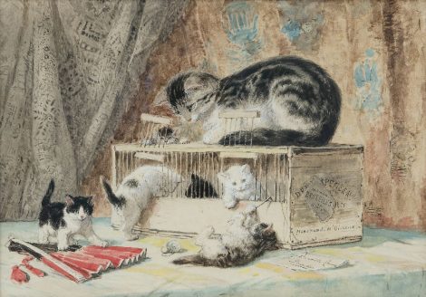 Henriette Ronner - Moederpoes en kittens spelend met een vogelkooi, aquarel op papier 30,0 x 55,0 cm, gesigneerd rechtsonder