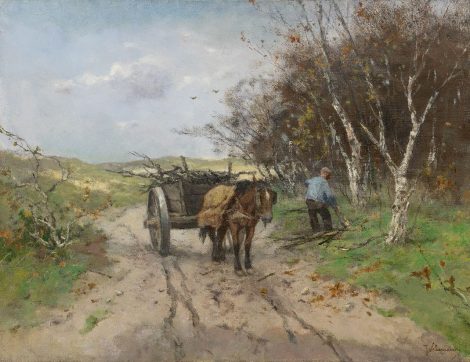 Johan Frederik Cornelis Scherrewitz - Houtsprokkelaar met paardenkar in een duinlandschap, olieverf op doek 50,0 x 65,5 cm, gesigneerd rechtsonder