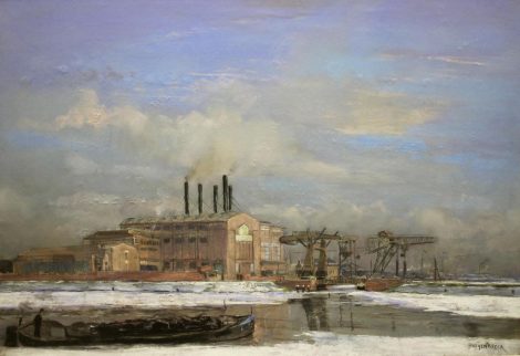 Herman Heijenbrock - De electriciteitscentrale Centrale Merwedekanaal in Utrecht, pastel op papier 64,8 x 92,2 cm, gesigneerd rechtsonder en na 1925