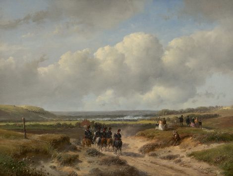 Andreas Schelfhout - Militaire manoeuvres: het Haagse garnizoen op de Waalsdorpervlakte; op de voorgrond cavaleristen van het 3e Regiment Ligte Dragonders, olieverf op paneel 22,1 x 29,2 cm, gesigneerd rechtsonder en te dateren ca. 1862